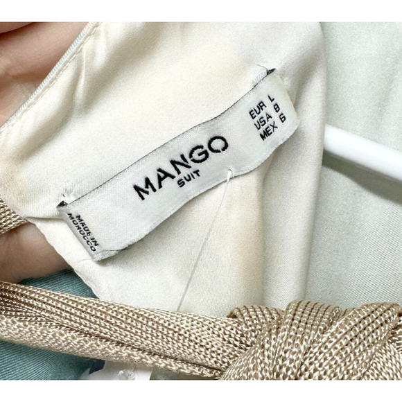 Mango Dress Women Size 8 Blue & Green Striped Shift Satin Finish Ruffled Sleeve - Picture 4 of 6